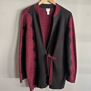 Chico’s 100% Cotton Tie Front Cardigan Jacket Black Cranberry Jacquard L (2)
